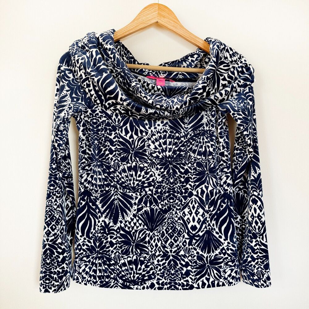 Lilly Pulitzer Belinda Velour Pullover XS Navy Cowl Neck Off Shoulder Top